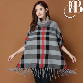 Women's Checkered Bat-Wing Style Printed Fleece Poncho - Image 2