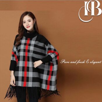 Women's Checkered Bat-Wing Style Printed Fleece Poncho