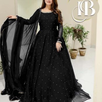 Front and Back Pearls With Lace Work Long Flare Maxi With Dupatta 3Pcs - Image 3