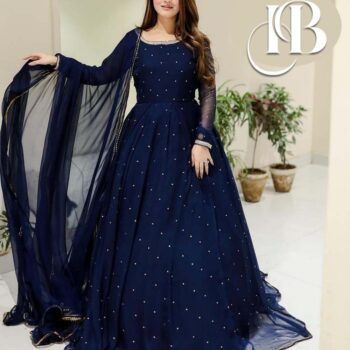 Front and Back Pearls With Lace Work Long Flare Maxi With Dupatta 3Pcs - Image 5