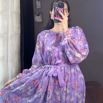 Purple Floral Printed Chiffon Frock With Belt - Image 2