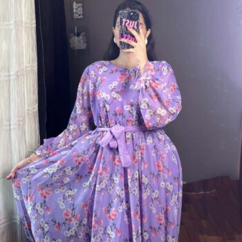 Purple Floral Printed Chiffon Frock With Belt - Image 3