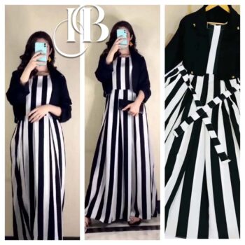 Long Flare Zebra Printed Silk Maxi With Hand Stitched Button Pure Separate Cotton Koti 2Pcs