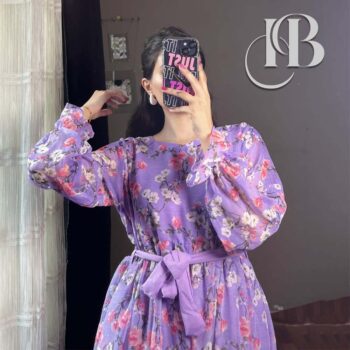 Purple Floral Printed Chiffon Frock With Belt - Image 4