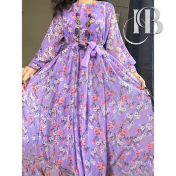 Purple Floral Printed Chiffon Frock With Belt - Image 5