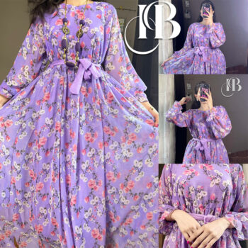 Purple Floral Printed Chiffon Frock With Belt